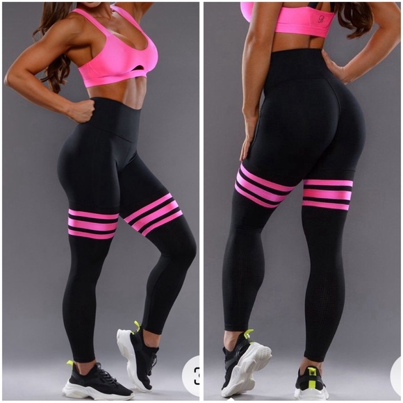 Bombshell Sportswear Pants - Bombshell Sportswear Thigh High Leggings Black Neon Pink, XS